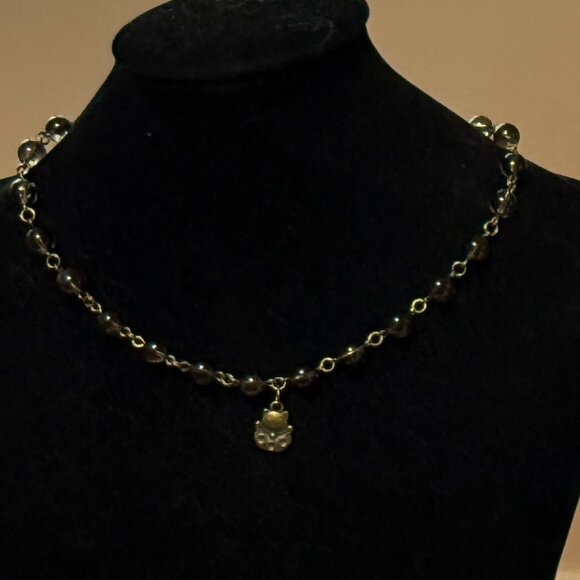 Natural Smoky Quartz Short Necklace, Genuine Gemstone + Cute Bronze Fortune Cat - Picture 3 of 14